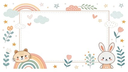 a cute illustration design for a card or invitation with a blank frame, rabbit and a bear alongside other cute elements