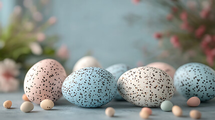 Obraz premium A composition of pastel Easter eggs with a soft, blurred background, ideal for spring marketing, Easter event invitations, or creating a festive and gentle atmosphere in designs.