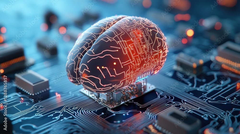 Aufkleber a digital brain with glowing circuits is displayed on a microchip, symbolizing the intersection of t