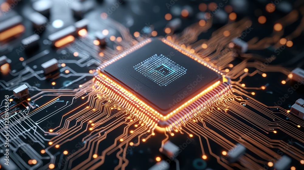 Poster a close-up view of a microprocessor on a circuit board, showcasing intricate connections and glowing