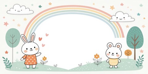 a cute cartoon scene featuring a rainbow and adorable animals. The scene includes a rabbit and a bear, as well as trees and clouds