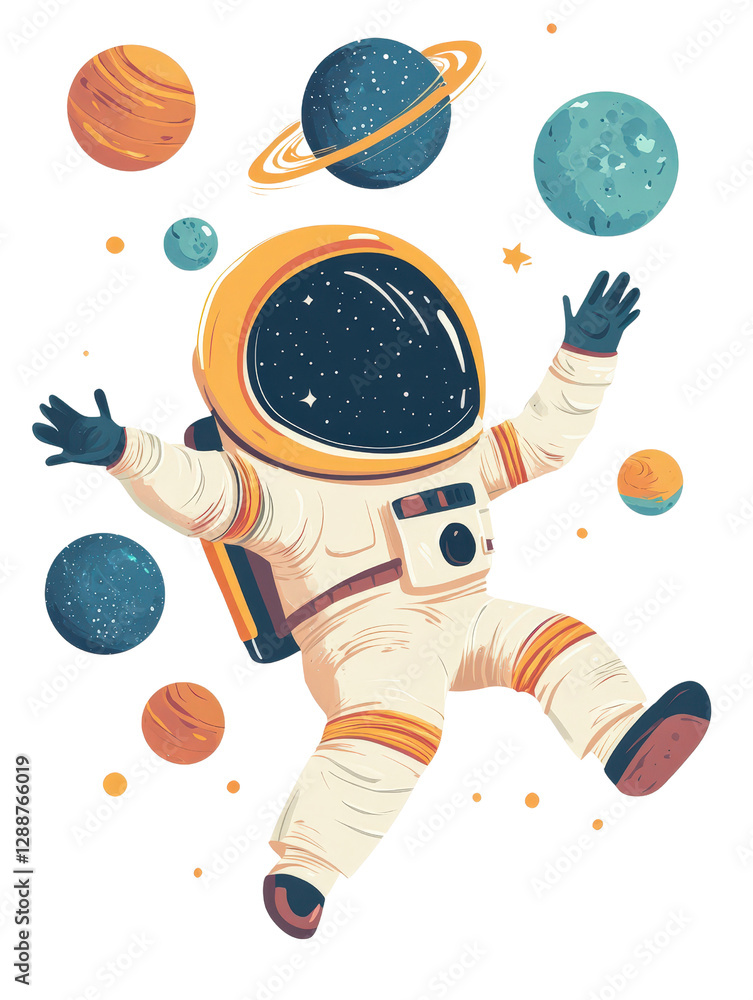 Poster astronaut floating in space with planets and stars in a vast cosmic background isolated on transpare