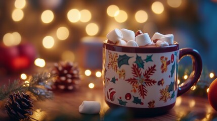Fototapeta premium Cozy Winter Mug Filled with Marshmallows Against Christmas Lights
