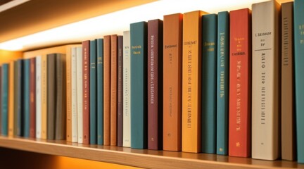 Fototapeta premium Organized Row Of Books On Wooden Shelf