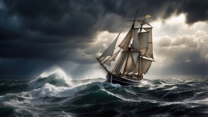A sailboat with white sails navigates through rough ocean waves under a dark