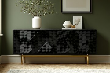 Elegant black sideboard with decorative front and gold legs in a warmly decorated interior