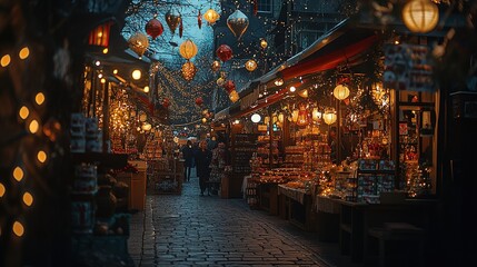 Naklejka premium Festive Market Street Illuminated By Lanterns And Lights