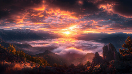 Fototapeta premium Fiery sunset over mountain valley, cloudscape