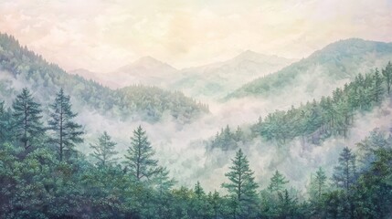 Fototapeta premium Serene Mountain Landscape with Misty Forest, Soft Hues, and Majestic Peaks in the Distance at Dawn