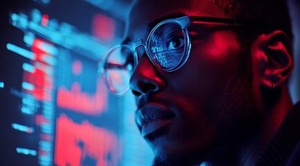 Focused man analyzing data on screen.
