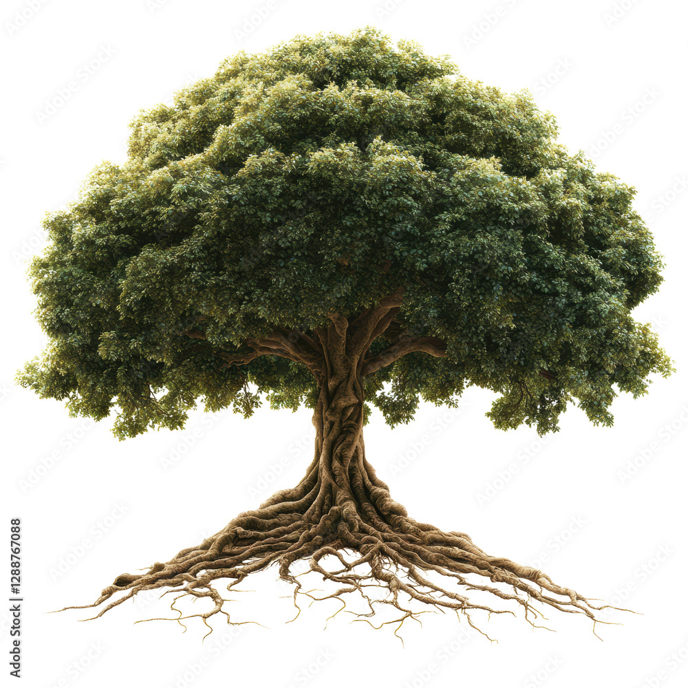 Poster tree with exposed roots in natural environment showing soil and vegetation detail isolated on transp