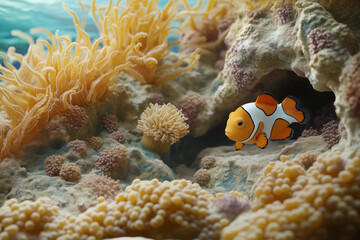 a coral reef ecosystem showcasing intricate coral textures with clownfish swimming around their anemone homes