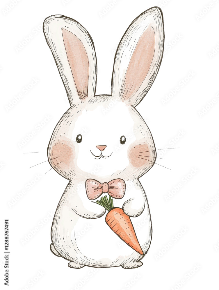 Poster white rabbit holding a carrot in a natural setting with green grass and soft lighting isolated on tr