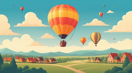Obraz premium Pixel Art Hot Air Balloons Over a Sunny Village Landscape