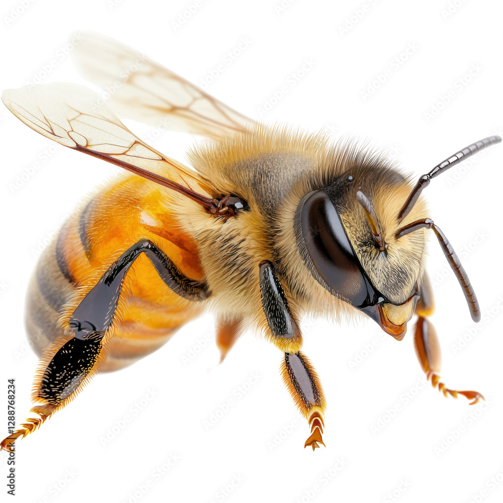 Poster close-up of a bee on a black background showcasing intricate details and natural features isolated o