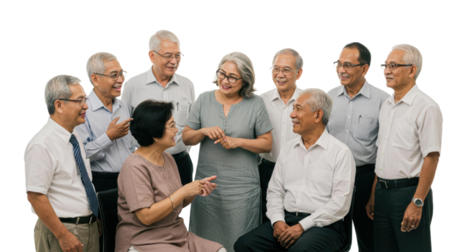 A diverse group of older adults gather together, sharing smiles and laughter while engaging in a lighthearted conversation. Each person displays joy and comfort in their interactions
