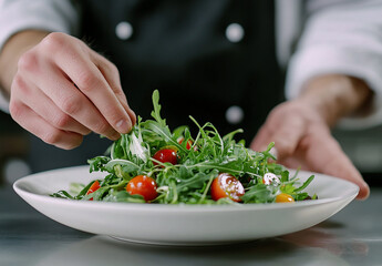 professional chef is plating an exquisite salad in the kitchen of a luxury restaurant