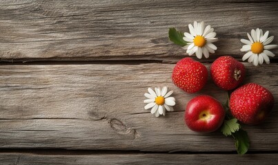 Fototapeta premium Ripe strawberries, peach, daisies on rustic wood table