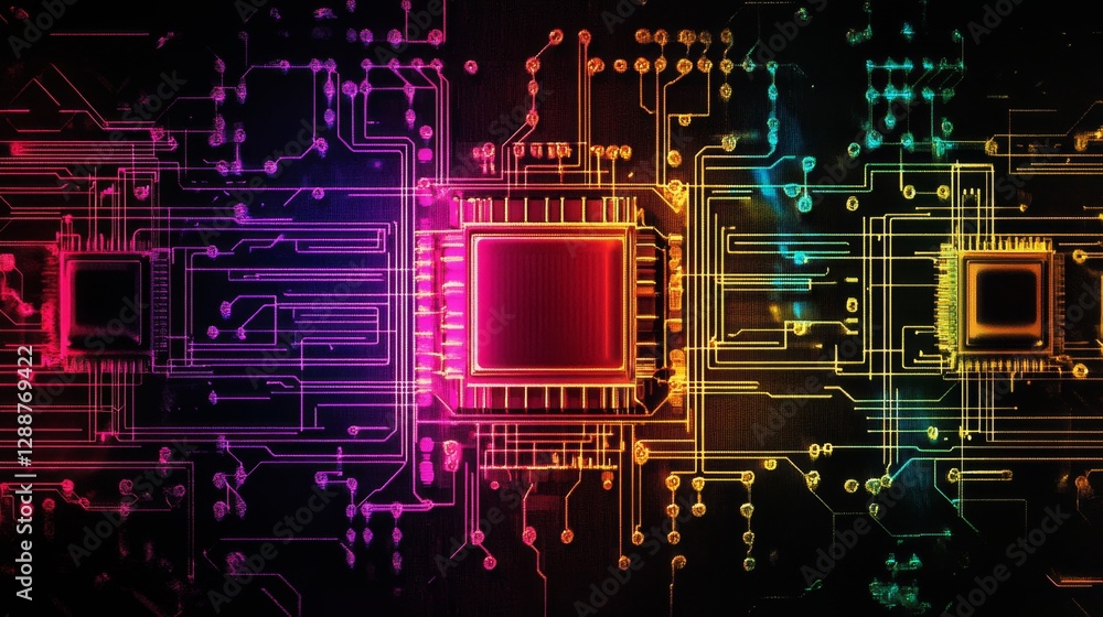 Poster illuminated semiconductor nano circuits laboratory close-up image technological environment macro vi
