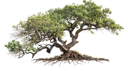 Big green oak tree with roots, isolated on white background