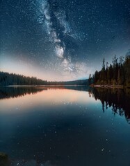 夜空の星が湖面に映り込み、静謐な宇宙の広がりと自然の神秘を感じさせる情景