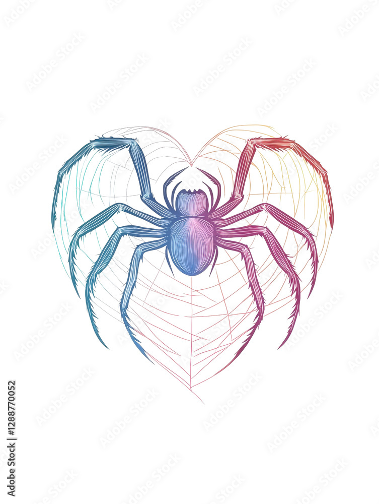 Poster spider forming a heart shape on a web against a natural background isolated on transparent backgroun