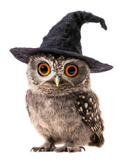 Obraz premium Small owl wearing a witch hat with a whimsical expression in a magical forest setting isolated on transparent background.