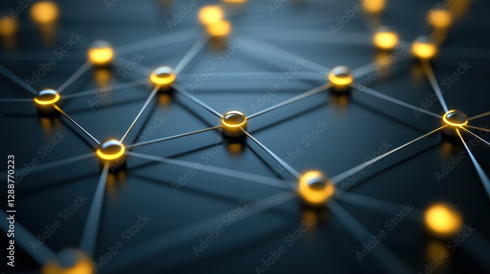 Poster a close-up view of interconnected nodes and lines, featuring glowing yellow elements on a dark backg