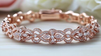 A unique diamond bracelet crafted in rose gold, adding a warm and romantic touch to the jewelry.