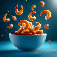 Delicious shrimp falling into a blue bowl, showcasing a burst of flavor and culinary delight for seafood lovers.