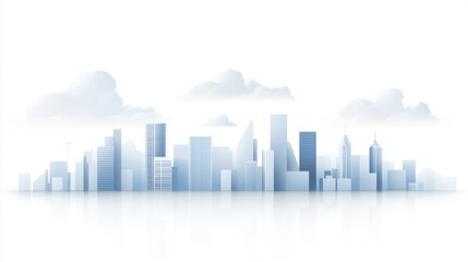 A minimalist skyline in soft blues and whites, featuring modern buildings under a light cloud cover, creating a serene urban atmosphere.