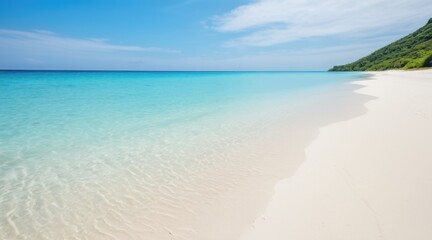 Tranquil Tropical Beach Scene Turquoise Water, White Sand, and Lush Greenery