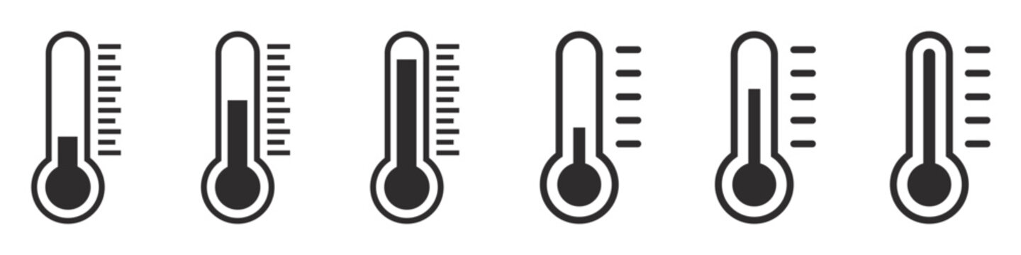 Set of temperature icons. Thermometer showing the temperature, thermometer symbol. Temperature scale, warm, cold, weather. Vector illustration. EPS10.