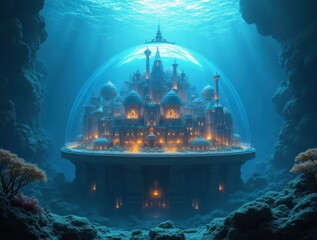 Underwater city shining inside giant glass dome