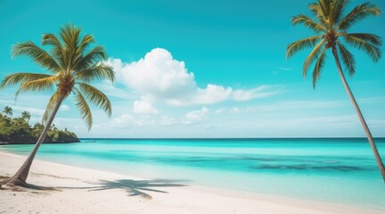 Fototapeta premium Tropical Beach Scene With Palm Trees And Turquoise Water