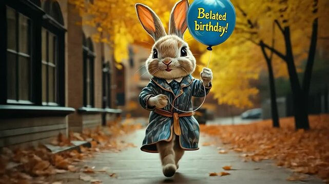 Happy rabbit in house bathrobe running down the street with balloon with text Belated birthday,late birthday wishes