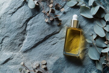 Glass bottle of eucalyptus essential oil on a grey background. Perfect for aromatherapy, spa treatments, and natural skincare branding.

