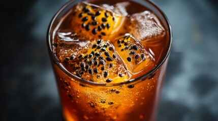 Refreshing Beverage with Ice Cubes and Passion Fruit Garnish
