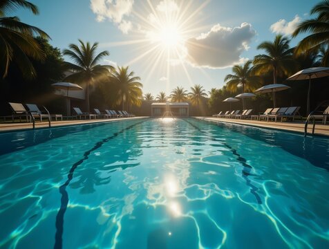 Sun shining over beautiful swimming pool in tropical resort