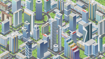 Isometric city with houses, streets, cars and trees. Isometric vector illustration.