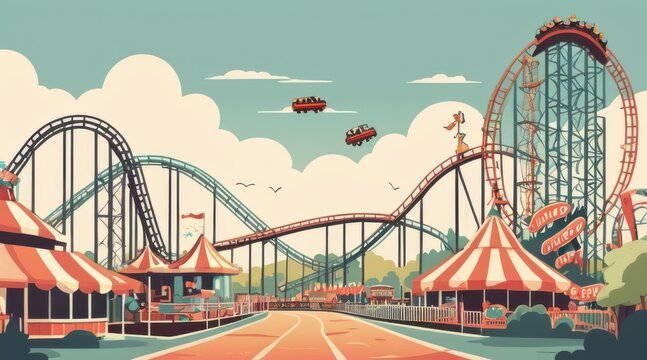 Vibrant Pixel Art Amusement Park with Roller Coasters and Rides