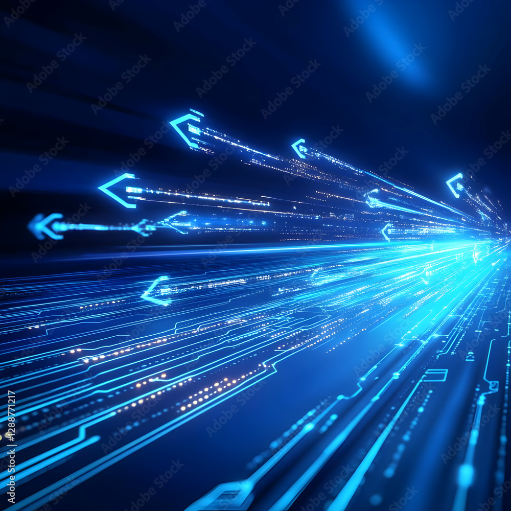 Poster dynamic abstract representation of digital speed and data transfer, showcasing blue light trails and