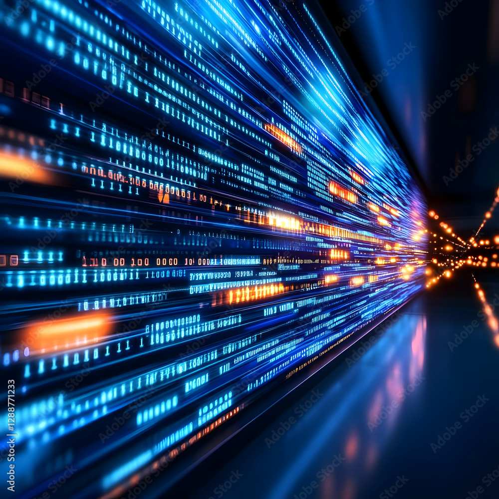Poster dynamic abstract visualization of data flow in a digital environment, showcasing vibrant blue and or
