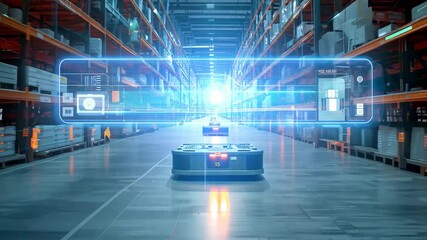 Autonomous robots navigate a futuristic warehouse with a glowing holographic digital interface. Advanced automation and AI technology optimize logistics in this high-tech industrial setting. - Powered by Adobe