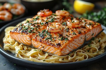Fototapeta premium Succulent salmon fillet served over pasta adorned with shrimp and fresh herbs creating a delectable and visually appealing dish