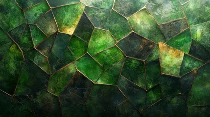 A green mosaic of irregular shapes with golden seams