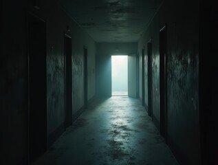Gloomy corridor with open doors creating a spooky atmosphere