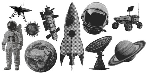 Set of outer space halftone grunge vector design elements