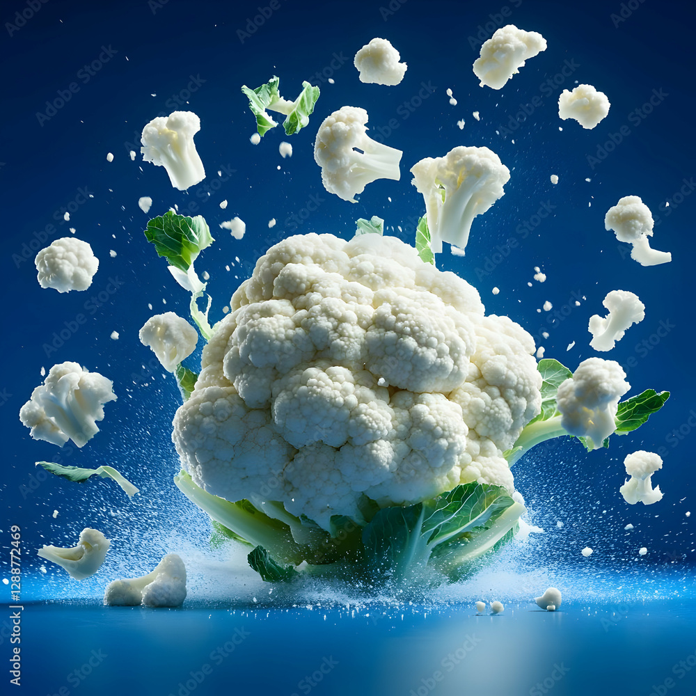 Poster fresh cauliflower exploding with vibrant energy, showcasing its healthy and dynamic nature in a visu