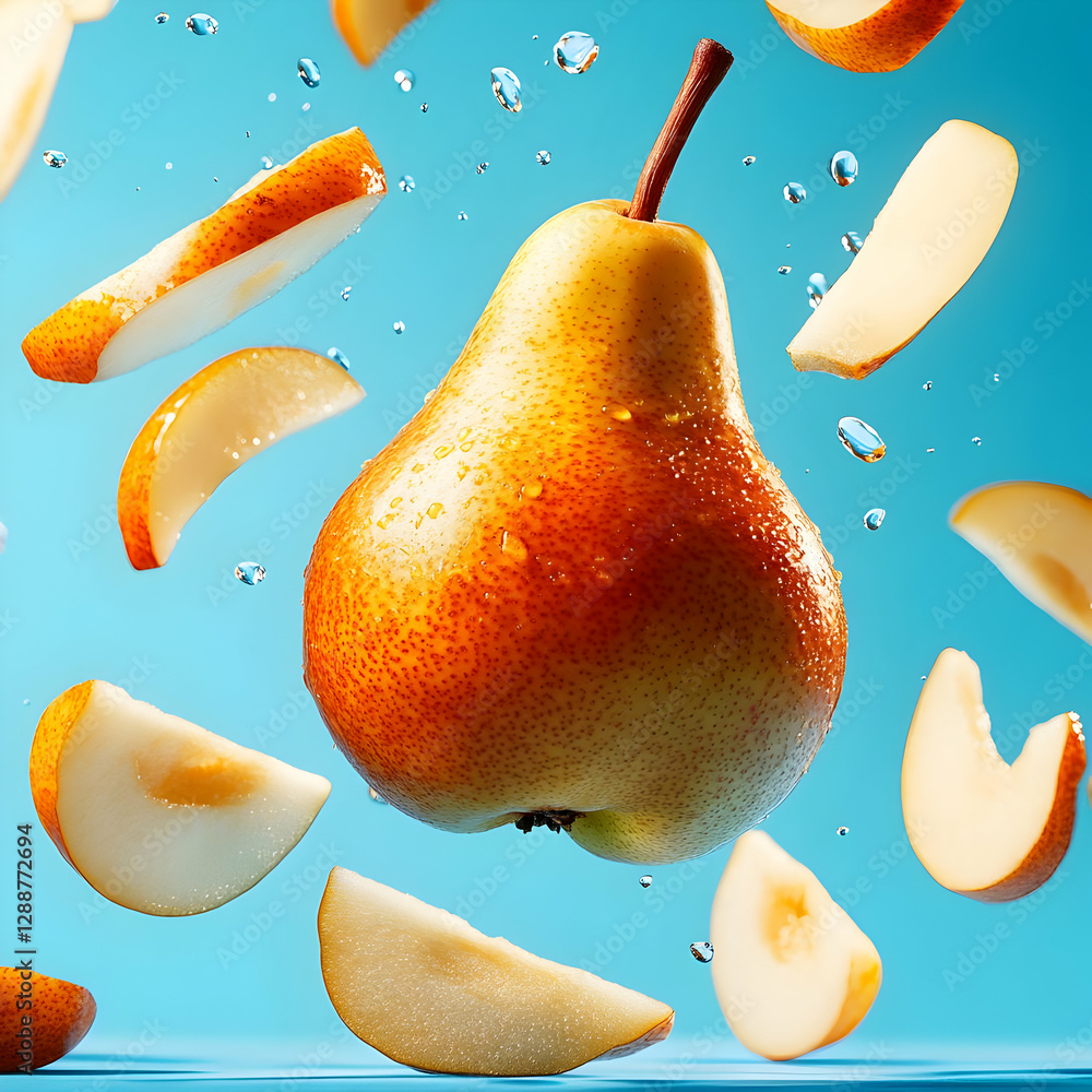 Poster Fresh pear surrounded by flying slices and droplets of water, showcasing vibrancy and flavor in a dynamic shot.
